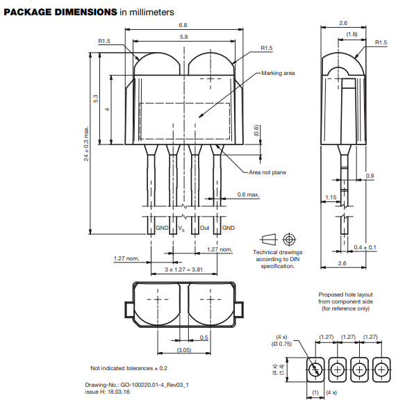 TSOP39438 IR receiver module dimensions